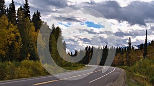 Landscape with bend of Yellowhead Highway (16) near McBride in Robson Valley, British Columbia, Canada in autumn.