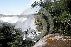 Landscape of big beautiful waterfalls, Cataratas do Iguacu (Iguazu Falls), located in Argentina and Brazil (flood