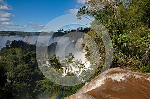 Landscape of big beautiful waterfalls, Cataratas do Iguacu (Iguazu Falls), located in Argentina and Brazil (flood