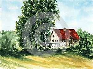 Landscape with birches and house