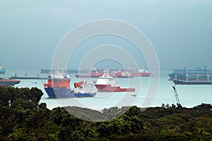 Landscape from bird view of Cargo ships entering one of the busiest ports in the world, Singapore