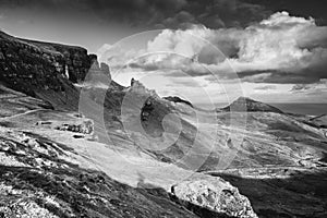 Landscape black and white view of Quiraing mountains on Isle of