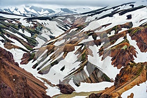 Landscape of Blahnjukur trail with volcanic mountain in Icelandic highlands at Landmannalaugar, Iceland