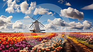 landscape with blooming colorful tulip field, traditional dutch windmill