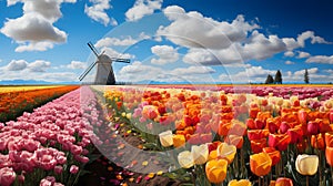 landscape with blooming colorful tulip field, traditional dutch windmill