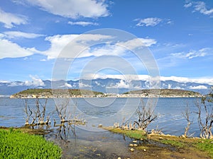 Landscape of blue lake and blue sky in sunny day