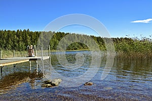Landscape of blue lake on a sunny summer day in Finland