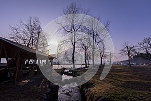 Landscape blue sky fumoto para camping ground and fuji mountain with tree reflections at morning fujinomiya shizuoka japan