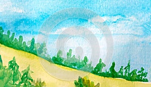 Landscape of blue sky and mountain with forest, yellow field of wheat. Watercolor. For templates