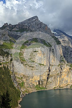 Landscape with Bluemlisalp mountain between Oeschinen mountain station and Oeschinensee lake.