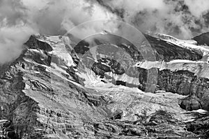 Landscape with Bluemlisalp mountain between Oeschinen mountain station and Oeschinensee lake.