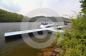 Landscape with boat at Pier on Lake Slapy, Bohemia, Czech Republic, Europe