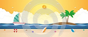 Landscape of boat sailing on wavy sea, coconut tree on island and summer stuff on beach with bright sun in sunshine sky for Summer