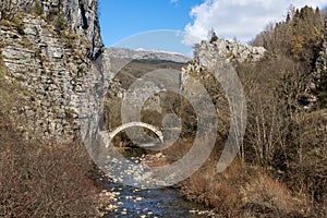 Landscape of Bridge of Kontodimos or Lazaridis in Vikos gorge and Pindus Mountains, Zagori, Epirus, Greece