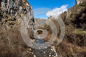 Landscape of Bridge of Kontodimos or Lazaridis in Vikos gorge and Pindus Mountains, Zagori, Epirus, Greece