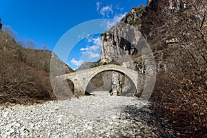 Landscape of Bridge of Missios in Vikos gorge and Pindus Mountains, Zagori, Epirus, Greece