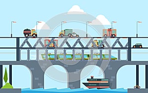 Landscape with bridge. Speed truck highway bridge with cars vector cartoon background illustration