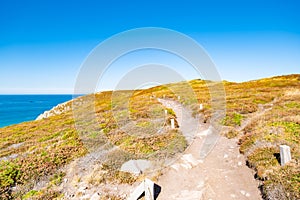 Landscape of the Brittany coast in the Cape Frehel region with its beaches, rocks and cliffs in summer