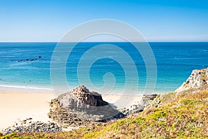 Landscape of the Brittany coast in the Cape Frehel region with its beaches, rocks and cliffs in summer