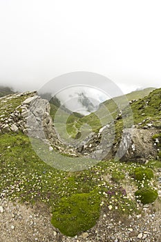 Landscape from Bucegi Mountains, part of Southern Carpathians in Romania in a foggy day