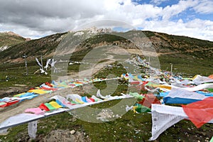 Landscape of Buddhist prayer flags