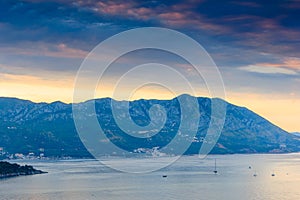 Landscape of Budva riviera in Montenegro. Dramatic morning light. Balkans, Adriatic sea, Europe.