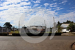 Landscape of buildings, buildings, sky background, empty road, morning, selectable focus.