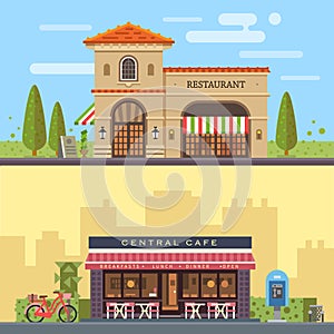 Landscape with buildings restaurant and cafe