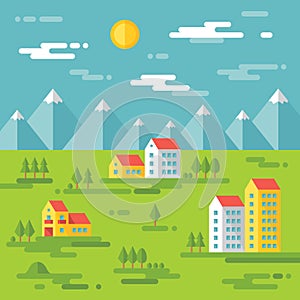 Landscape with buildings - vector background illustration in flat style design. Buildings on green background. Real estate.