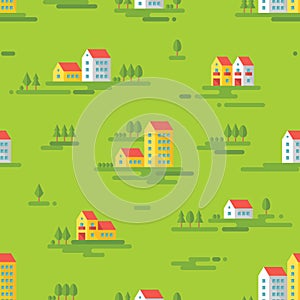 Landscape with buildings - vector background seamless pattern in flat style design. Buildings on green background.