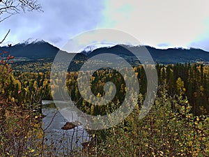 Landscape with Bulkley River in valley surrounded by trees in autumn with mountains in background north of Smithers, Canada.