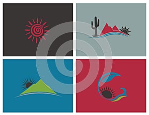 Landscape bundle of desert mountains with cactus abstract sunny nature idea logos vector