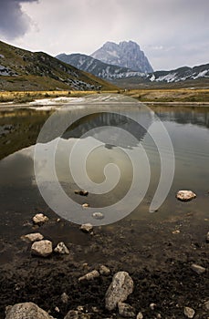 Landscape of Campo imperatore with lake at sunset