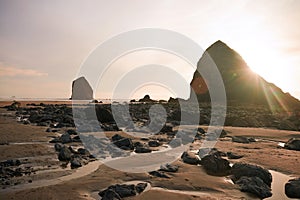 Landscape of Cannon Beach, Oregon, USA. At sunset