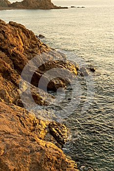 Seashore with cliffs and warms sunset or sunrise light.