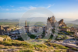 The landscape of cappadocia, Turkey. The view from the top of the hill overlooks the Uchisar Castle and this old town