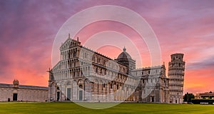 Landscape with Cathedral and the Leaning Tower of Pisa at sunset, Italy