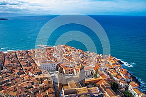 Landscape of Cefalu from the rock and the ruins of castle