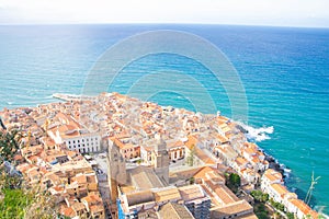 Landscape of Cefalu from the rock and the ruins of castle