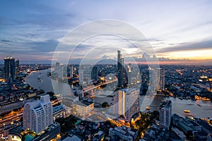 Landscape of Chao phraya river in Bangkok city in evening time w