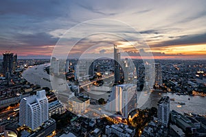 Landscape of Chao phraya river in Bangkok city in evening time w