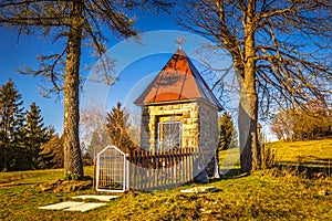 Landscape with chapel above the Dlhe Pole village at Kysuce