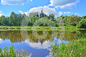 Landscape with Church of the Icon of the Mother of God Tikhvin on Tvertza river in Torzhok city