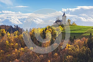 Church on top of the hill in Slovenia. autumn