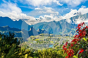 Landscape with Cilaos village in Cirque de Cilaos, La Reunion island photo