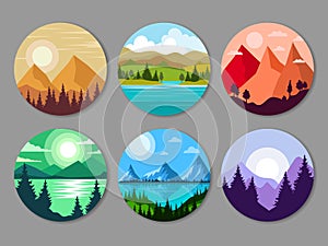 Landscape. Circle frames with colored natural weather backgrounds with mountains trees sky and sun recent vector backrounds photo