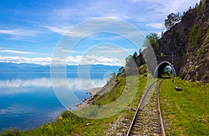 Landscape with Circum-Baikal railway on shore lake Baikal