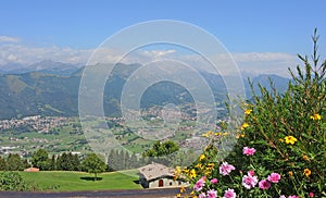 Landscape on the cities of Clusone and Rovetta from the mountain lodge called San Lucio photo