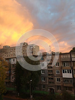 Landscape, city, glow in the sky, houses, trees, original picture