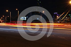 Landscape of the city of Minsk in Belarus blurred lights of car headlamps